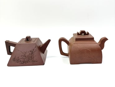 2 Vintage Chinese 4 Sided Yixing Teapots