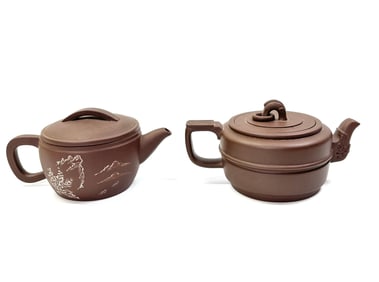 2 Vintage Chinese Wide Mouth Yixing Teapots