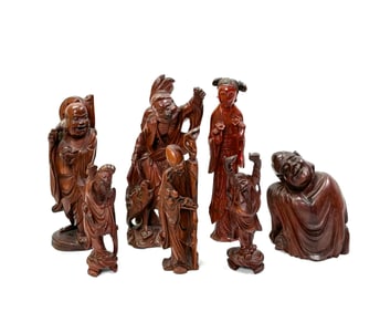 Chinese Ochre Bakelite Lady; 6 Wood Immortals