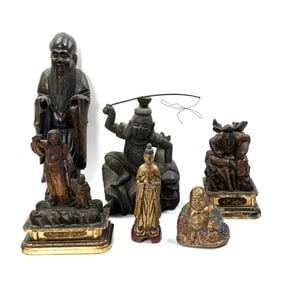 3 Chinese Immortals Wood & Bronze; 3 Japanese