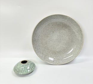 Chinese White Crackle Plate; Celadon Brush Washer