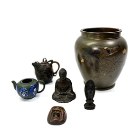Japanese Mixed Metals Vase; 5 Small Bronze or Wood