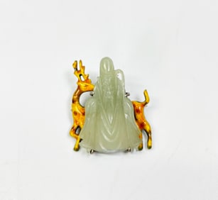 Chinese 19 C White Jade Shouxing & Deer Pin