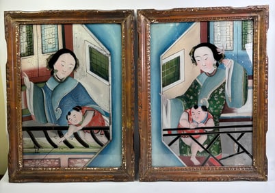 Fine Pr Chinese 19th C Reverse Paintings on Glass