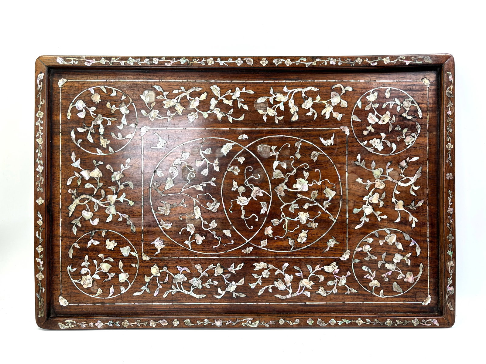 Chinese Hard Wood Tray Shell Inlay: *To Be Sold Without Reserve*: Chinese Hard Wood Tray with a design in Shell Inlay to top and edge of Branches of Buddha's Hand Citron, Peaches, Pomegranates, with Bats, Birds and Flowers. Height 16 1/