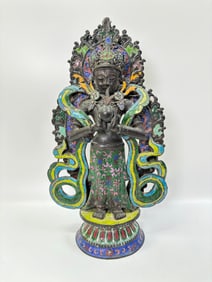 Tibetan Enamel Silvered-Copper Standing Guanyin