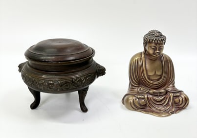Chinese Bronze Censer Hard Wood Cover; Buddha