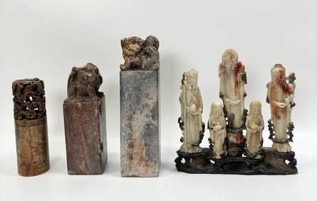 4 Chinese Shoushan Soapstones; 3 Seals & Figures