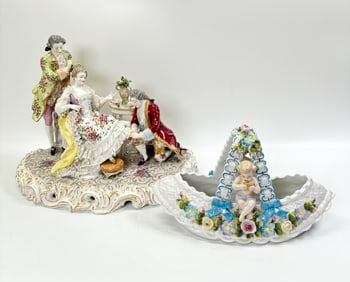 2 Bavarian Enameled Porcelains: Group & Basket