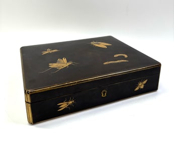 Japanese Hinged Lacquer Box w Gold Insects