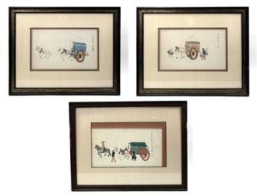 3 Chinese 19 C Ink Color Paintings Horses & Wagons