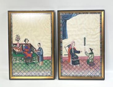 Pr Chinese 19 C Gouache Court Lady Paintings Pith