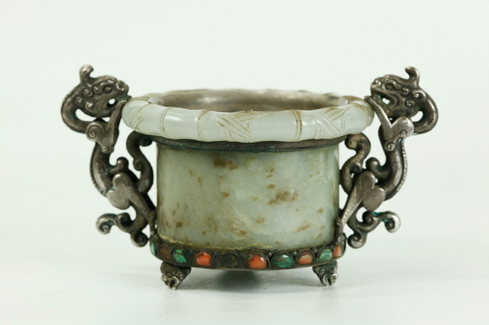 Chinese 18C White Jade Bangle, Pot & Silver Mounts (1 of 5)