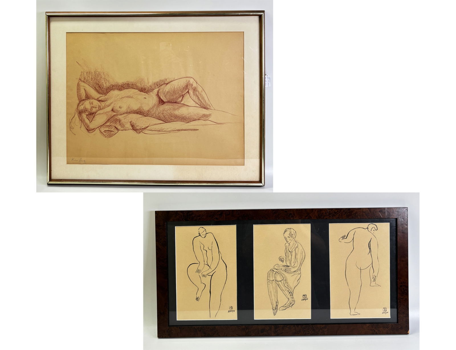 4 Drawings; 3 Attributed to Sanyu, 1 to Kisling: 4 Drawings in 2 Frames; 3 in 1 frame of ink figures studies on paper or board attributed to Sanyu each signed and with a small drawn seal; together with 1 sanguine crayon drawing on cream paper of a r