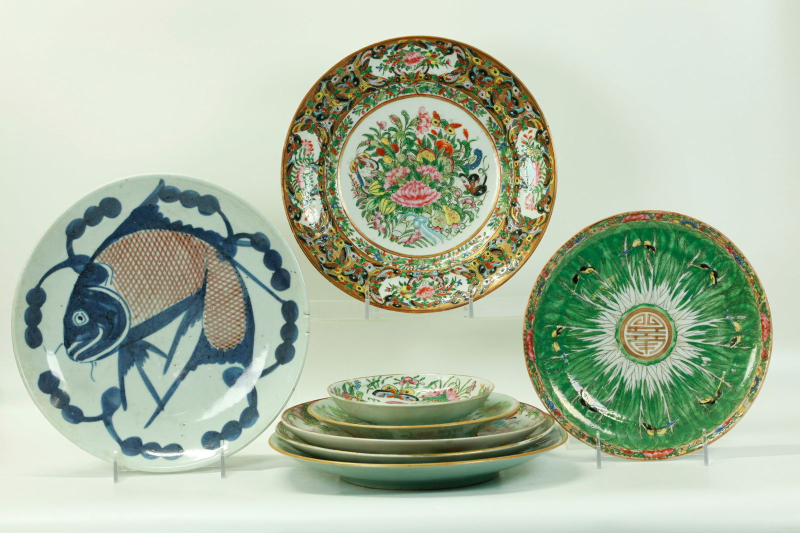 7 Chinese Enameled Porcelain Plates 1 Blue/Red (1 of 7)