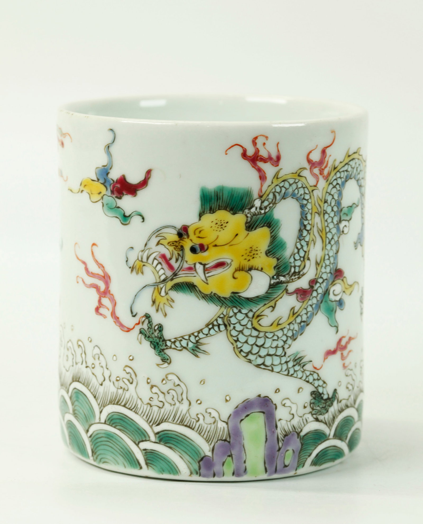 Chinese Enameled Porcelain Dragon Carp Brush Pot: Chinese Enameled Dragon & Carp in Waves Porcelain Bitong Brush Pot; the base flat and unglazed. Height 4 1/4 inches (10.8 cm.).