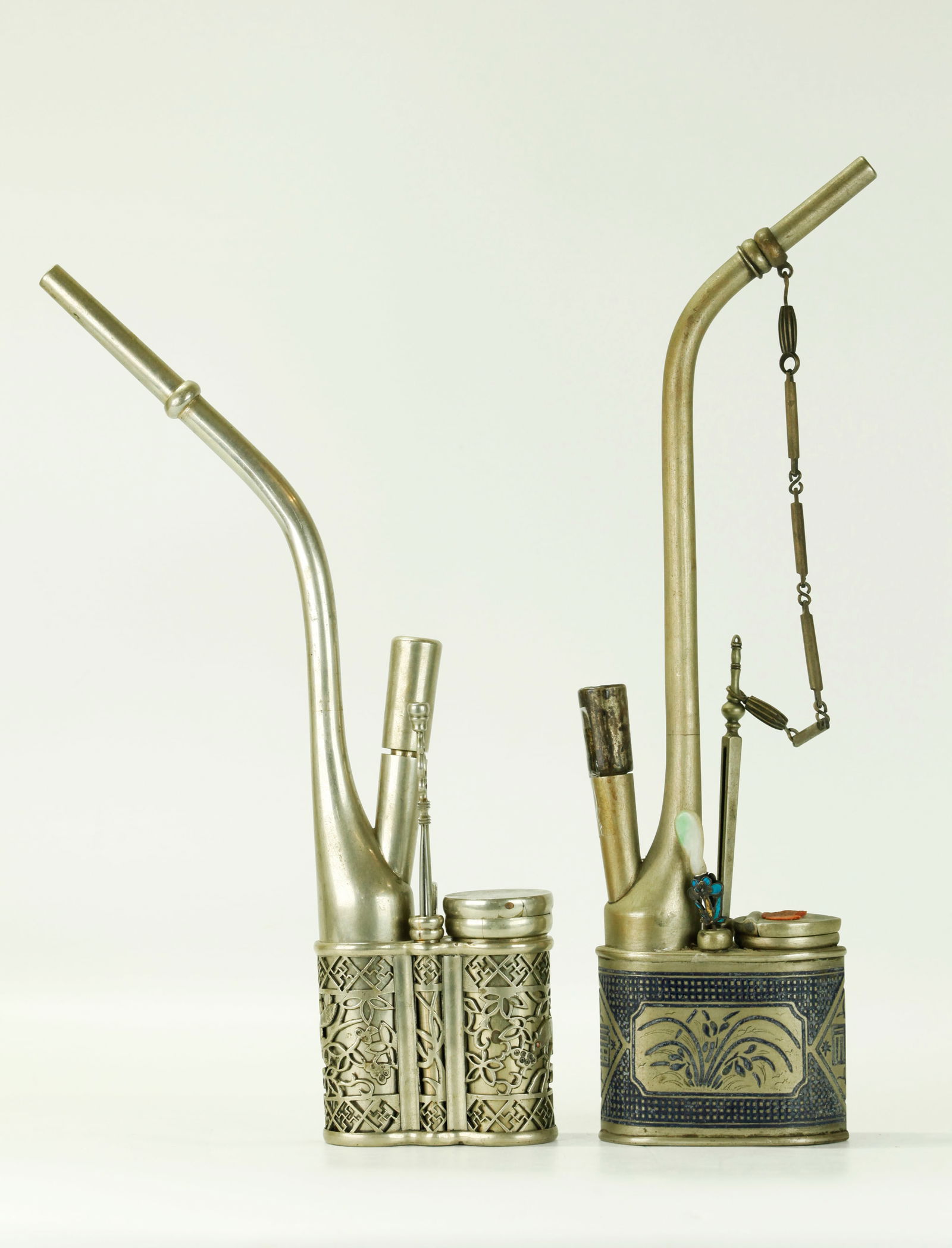 2 Chinese Qing White Bronze Tobacco Pipes & Tools (1 of 6)