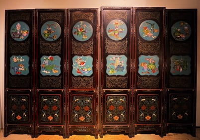 Chinese 6 Panel Cloisonne & Lacquer Screen