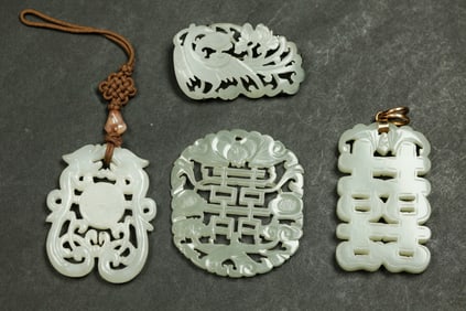 3 Chinese White Jade or Hard Stone Pendants; 1 Pin