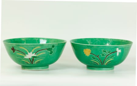 Pr Chinese Green Enamel Biscuit Porcelain Bowls