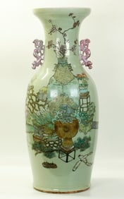 Lg Chinese Artist Enameled Celadon Porcelain Vase