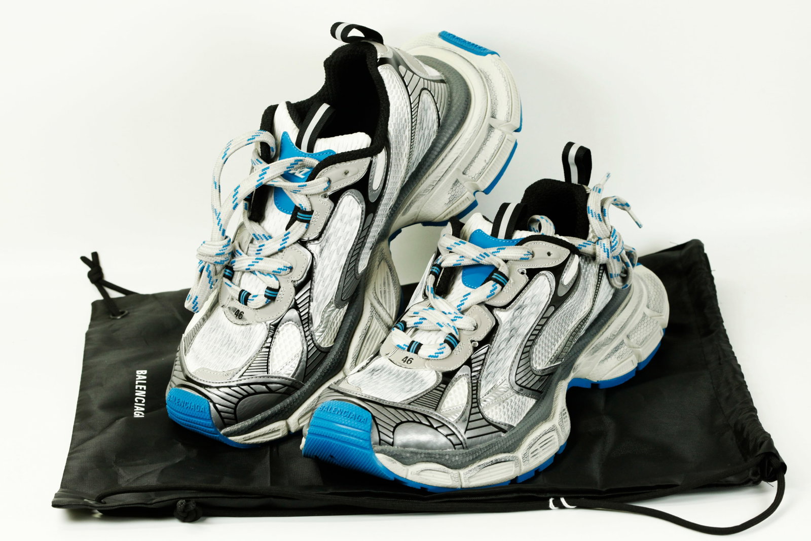 Balenciaga USA 13 White/Silver Sneakers Blue Soles: Balenciaga #46 (USA 13) White/Silver Sneakers with blue soles, "3XL" to tongues, Black Storage Bag.