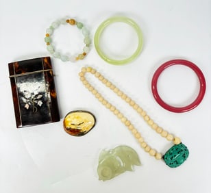 7 Pc Chinese Jewelry; Jadeite Amber Turquoise Etc