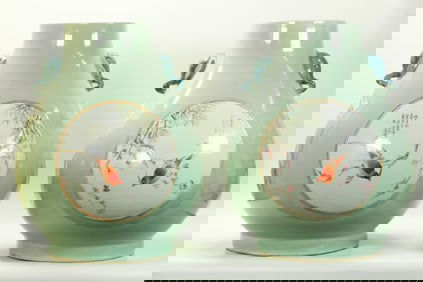 Lg Pr Chinese Artist Enameled Celadon Hu Vases