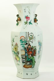 Lg Chinese Enameled Porcelain Hexagon Panel Vase