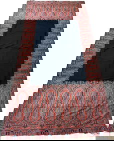 19th C Large Wool Paisley Shawl with Black Center
