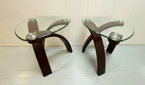 Pr Mid Century Modern Rosewood & Glass Side Tables