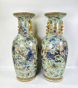 Lg Pr Chinese Blue Gold & Celadon Porcelain Vases