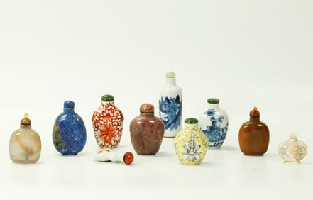 10 Chinese Snuff Bottles Agate Lapis Porcelain Etc