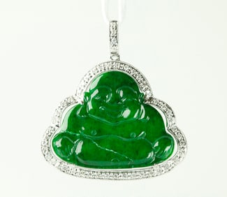 GIA Natural Emerald Green Jadeite Budai Pendant