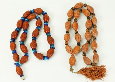 2 Chinese Carved Seed-pit 18 Lohan Head Rosaries