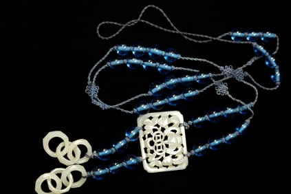 Chinese White Jade Plaque 3 Ring Earring Necklace