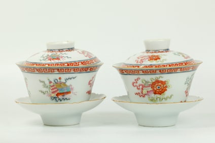 Pr Chinese Qing Porcelain Teabowls Covers Stands