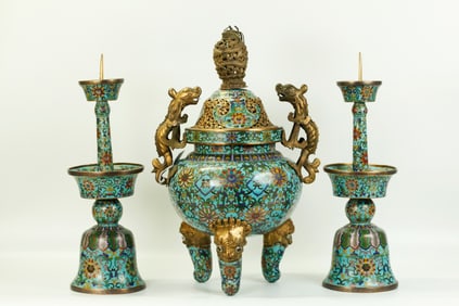 Fine 3 Pc Chinese Gilt & Cloisonne Censer & Sticks