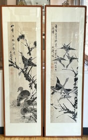 Pr Chinese Ink Paintings on Paper of Geese Framed