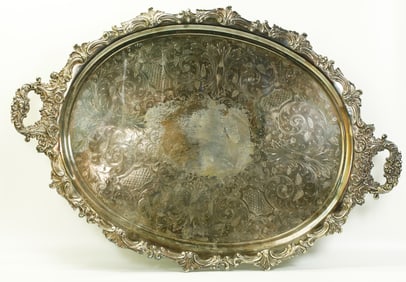 Lg 19 C Silver Plated Oval Tray w Handles & 4 Feet