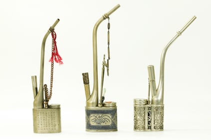 3 Chinese Qing White Bronze Tobacco Pipes & Tools