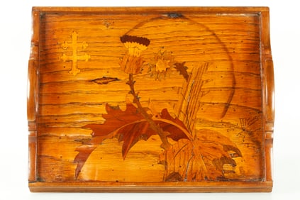Emile Galle; Inlaid Wood Desk Tray Thistle Pattern