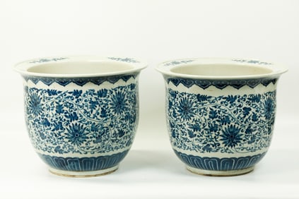 Good Pr Chinese Blue & White Porcelain Planters