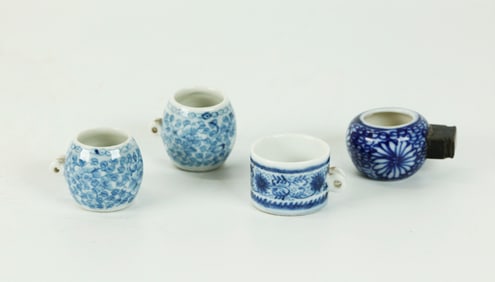 4 Chinese Qing Blue & White Porcelain Bird Feeders