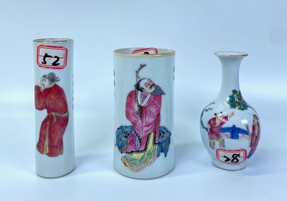 3 Chinese Enamel Porcelains 2 Bitong 1 Vase