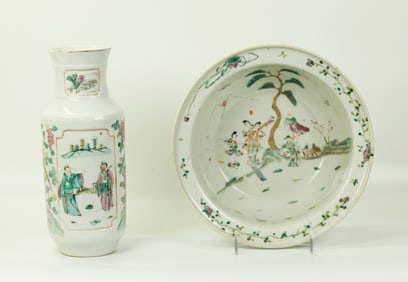 2 Chinese 19th C Enameled Porcelains; Bowl & Vase