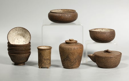 10 Piece Enameled Japanese Stoneware Tea Set