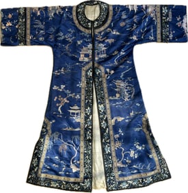 Chinese 19th C Blue Satin Embroidered Coat