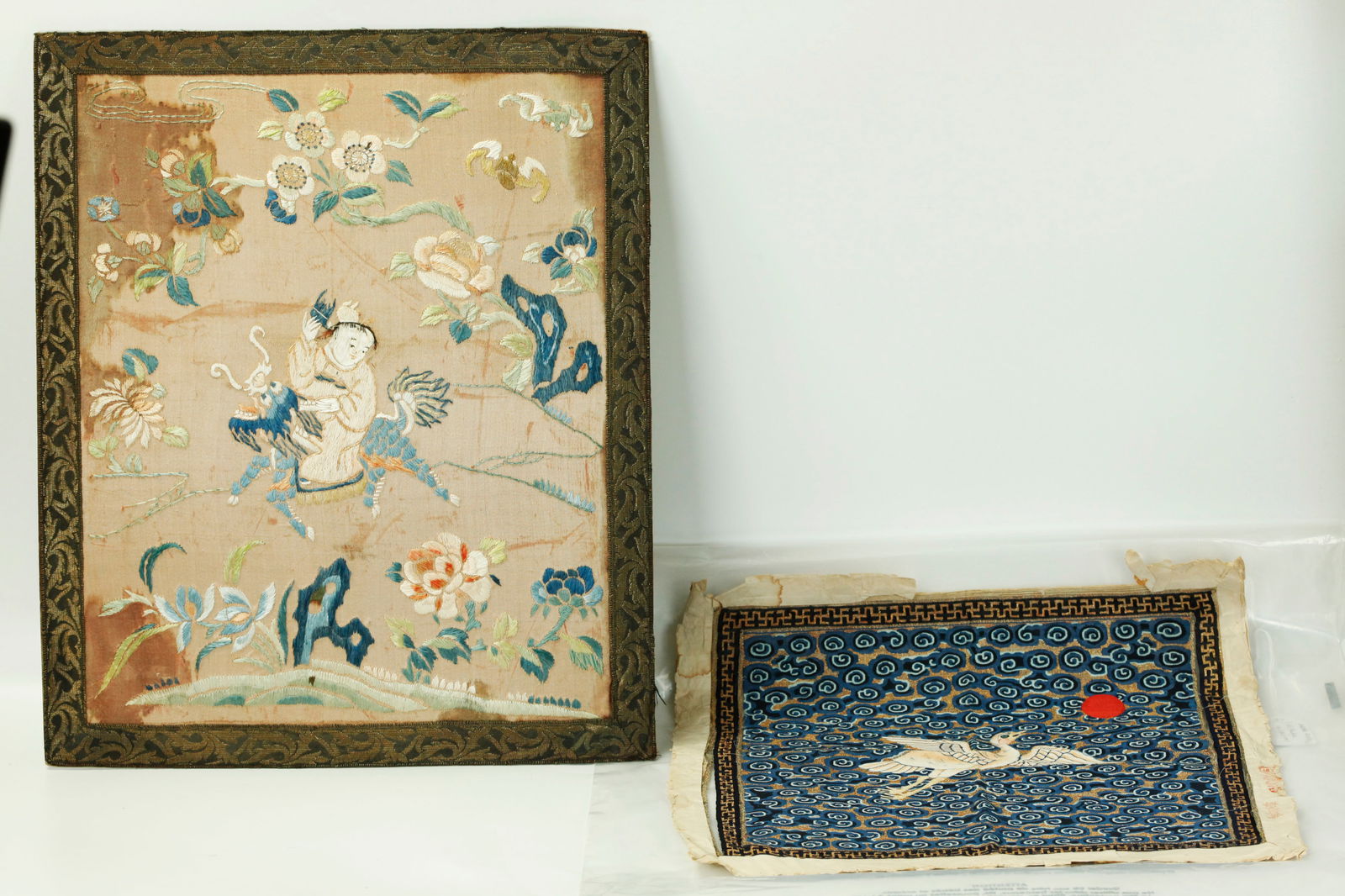 Chinese 19C Kesi Court Rank Badge & Embroidery: Chinese 19th Century Kesi silk & Gold Qing Court Civil Rank Badge in an unusual blue & gold overall cloud design from the back of a Court Coat in a solid square; together with an 18th/19th Century emb