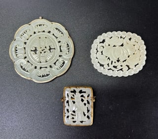 2 Chinese Qing White Jade Pendants 1 Plaque Pin